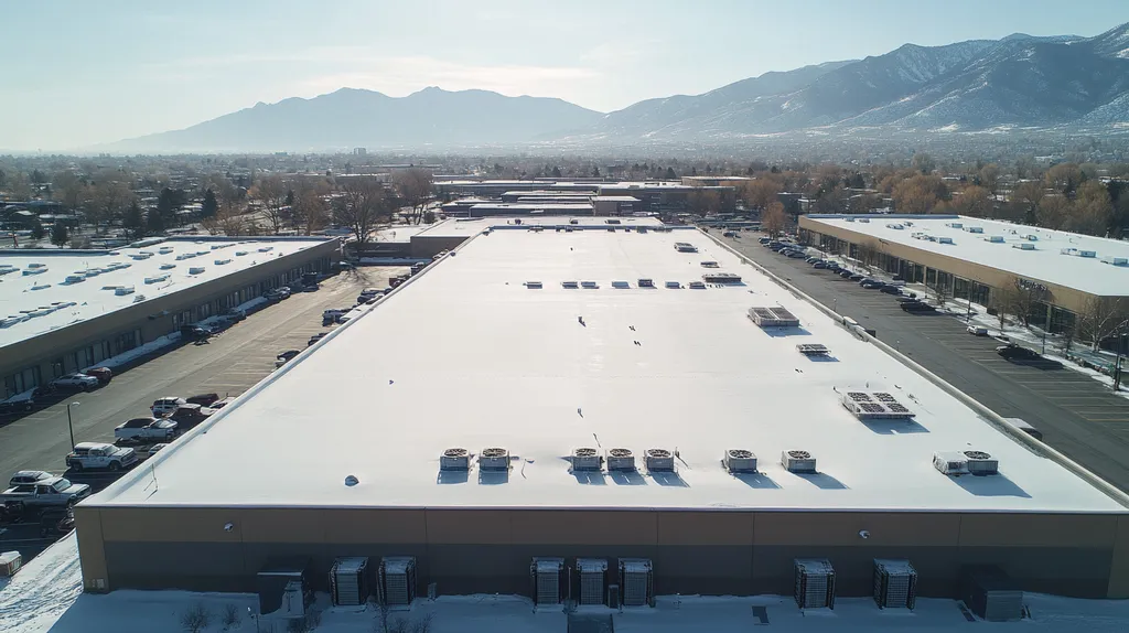 A commercial roof on a distribution center in a location similar to Salt Lake City with a snowy day aesthetic (AI image)