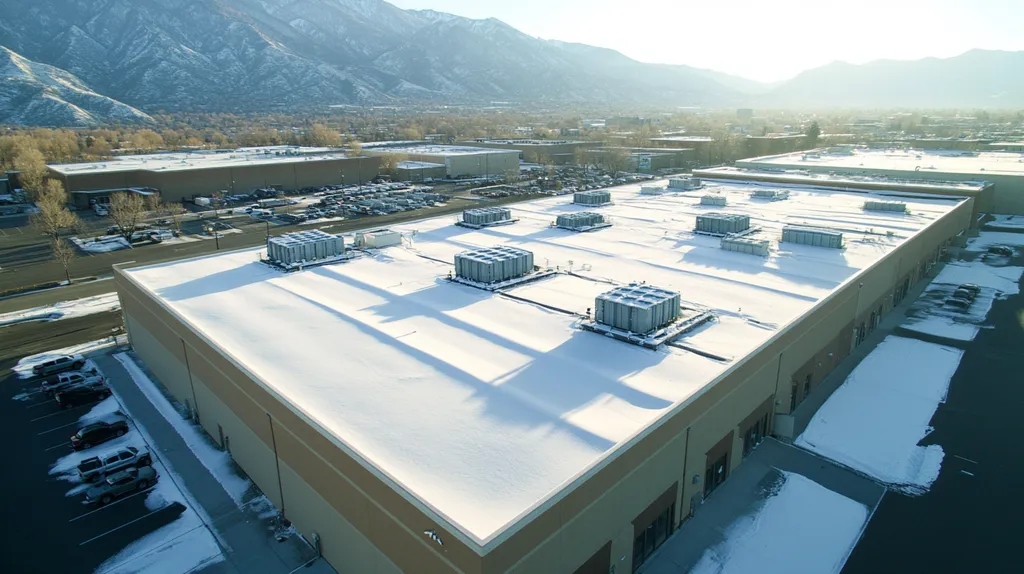 A commercial roof on a distribution center in a location similar to Salt Lake City with a snowy day aesthetic (AI image)
