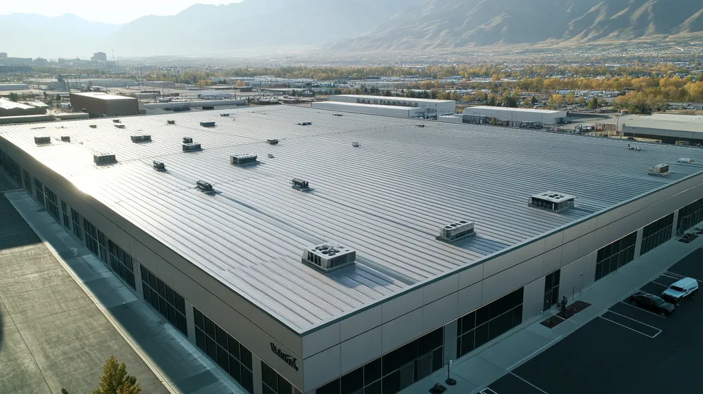 A commercial roof on a distribution center in a location similar to Salt Lake City with a stainless steel aesthetic (AI image)