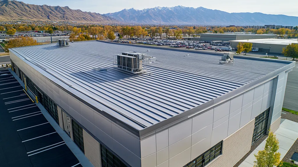 A commercial roof on a distribution center in a location similar to Salt Lake City with a stainless steel aesthetic (AI image)