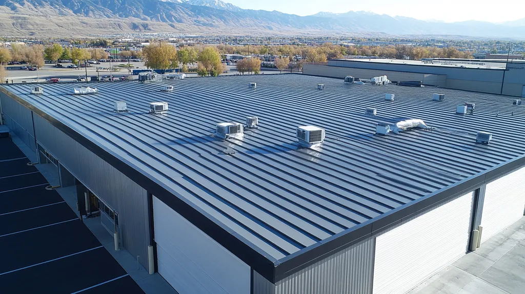 A commercial roof on a distribution center in a location similar to Salt Lake City with a stainless steel aesthetic (AI image)