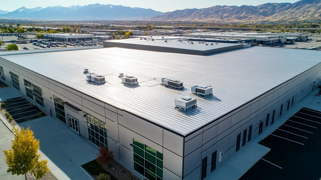 A commercial roof on a distribution center in a location similar to Salt Lake City with a stainless steel aesthetic (AI image)