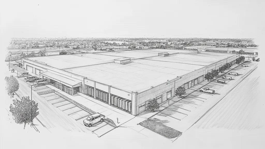 A commercial roof on a distribution center in a location similar to San Antonio with a charcoal sketch aesthetic (AI image)
