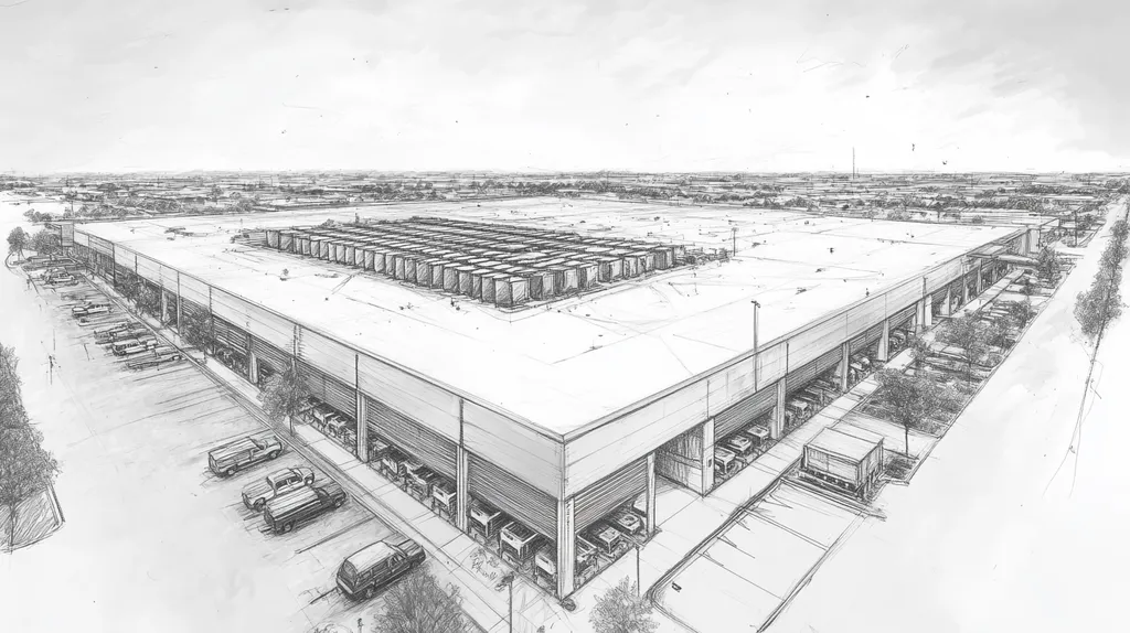 A commercial roof on a distribution center in a location similar to San Antonio with a charcoal sketch aesthetic (AI image)