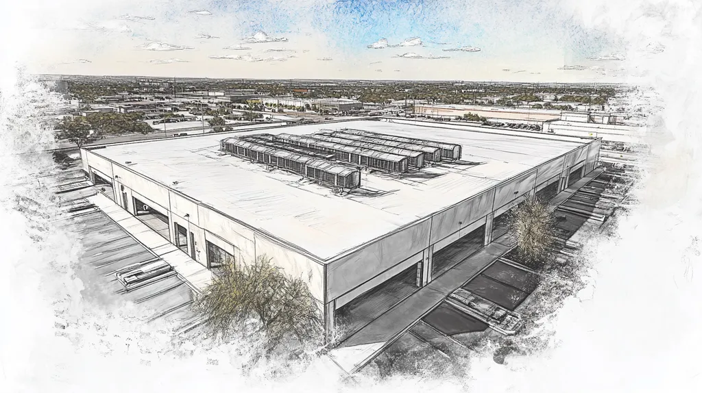 A commercial roof on a distribution center in a location similar to San Antonio with a charcoal sketch aesthetic (AI image)