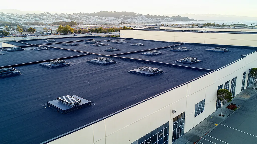 A commercial roof on a distribution center in a location similar to San Francisco with a color highlight aesthetic (AI image)