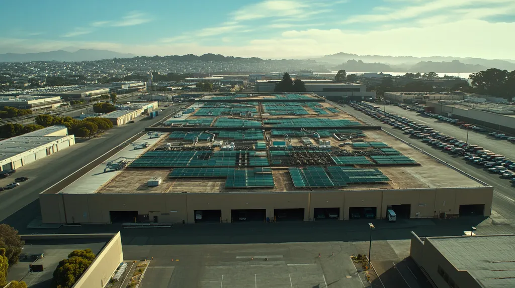A commercial roof on a distribution center in a location similar to San Francisco with a stained glass style aesthetic (AI image)