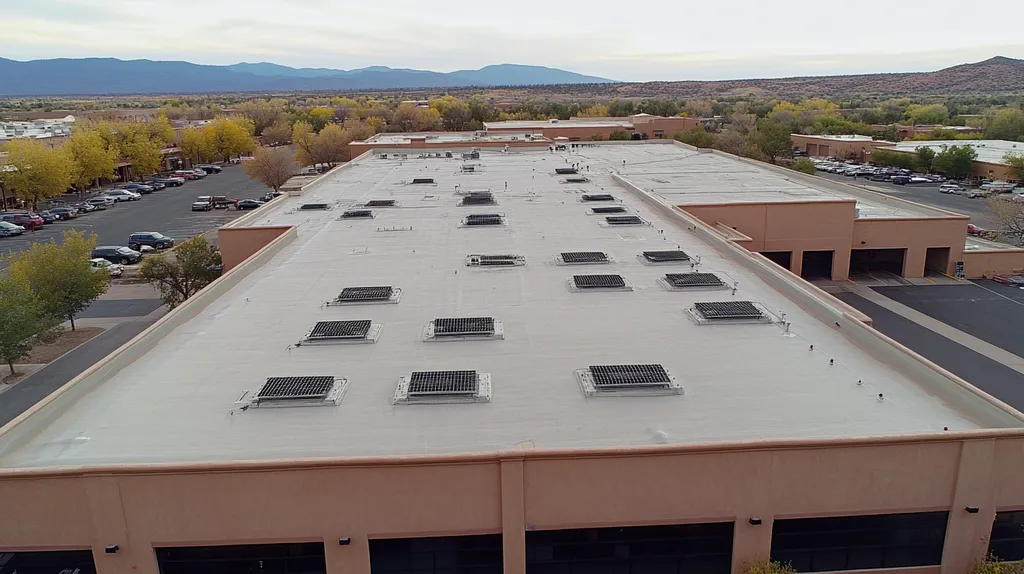 A commercial roof on a distribution center in a location similar to Santa Fe with a rainy day aesthetic (AI image)
