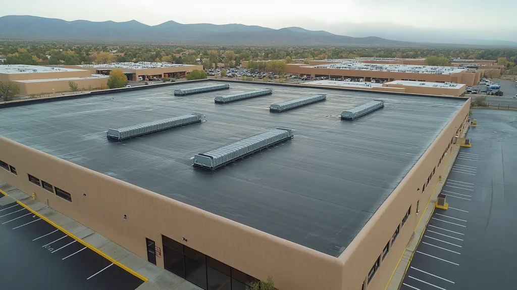 A commercial roof on a distribution center in a location similar to Santa Fe with a rainy day aesthetic (AI image)