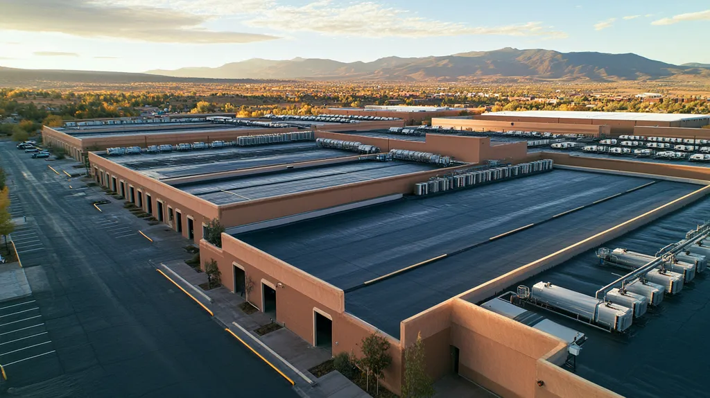 A commercial roof on a distribution center in a location similar to Santa Fe with a rainy day aesthetic (AI image)