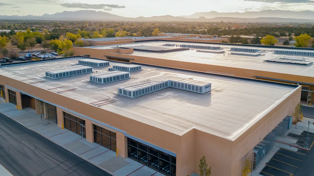 A commercial roof on a distribution center in a location similar to Santa Fe with a rainy day aesthetic (AI image)