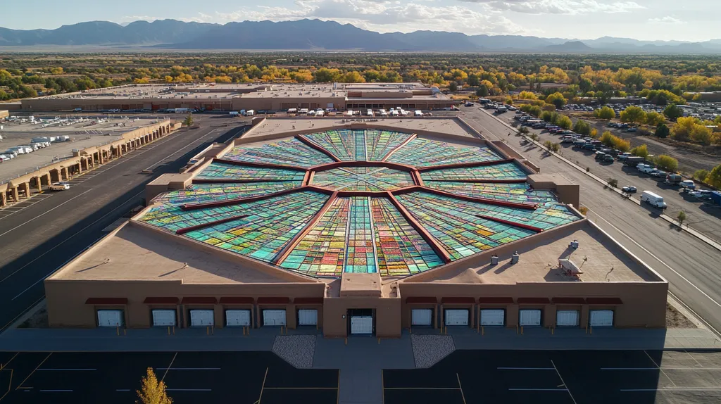 A commercial roof on a distribution center in a location similar to Santa Fe with a stained glass style aesthetic (AI image)