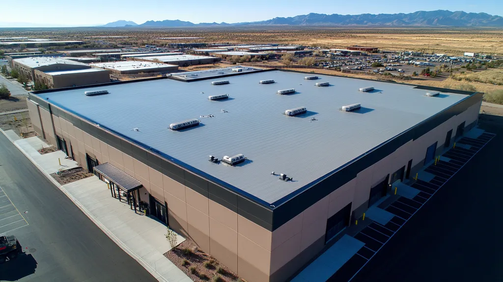 A commercial roof on a distribution center in a location similar to Santa Fe with a stainless steel aesthetic (AI image)