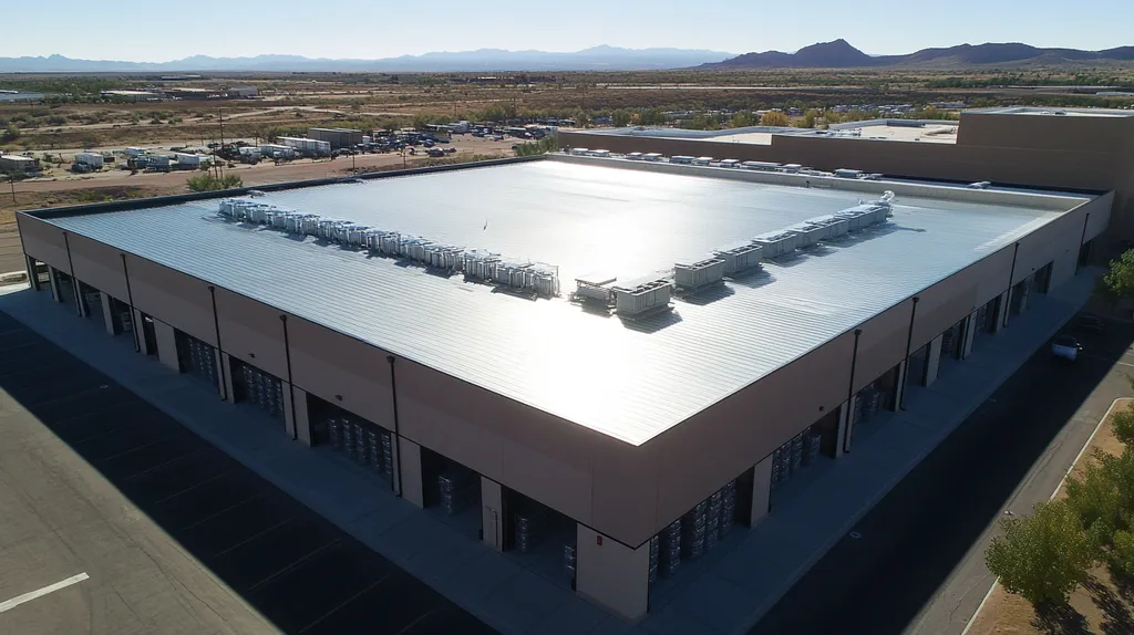 A commercial roof on a distribution center in a location similar to Santa Fe with a stainless steel aesthetic (AI image)