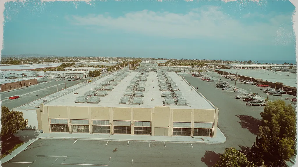 A commercial roof on a distribution center in a location similar to Santa Monica with a Polaroid aesthetic (AI image)