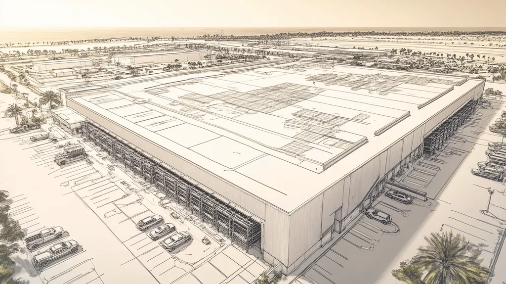 A commercial roof on a distribution center in a location similar to Santa Monica with an architectural sketch rendering aesthetic (AI image)