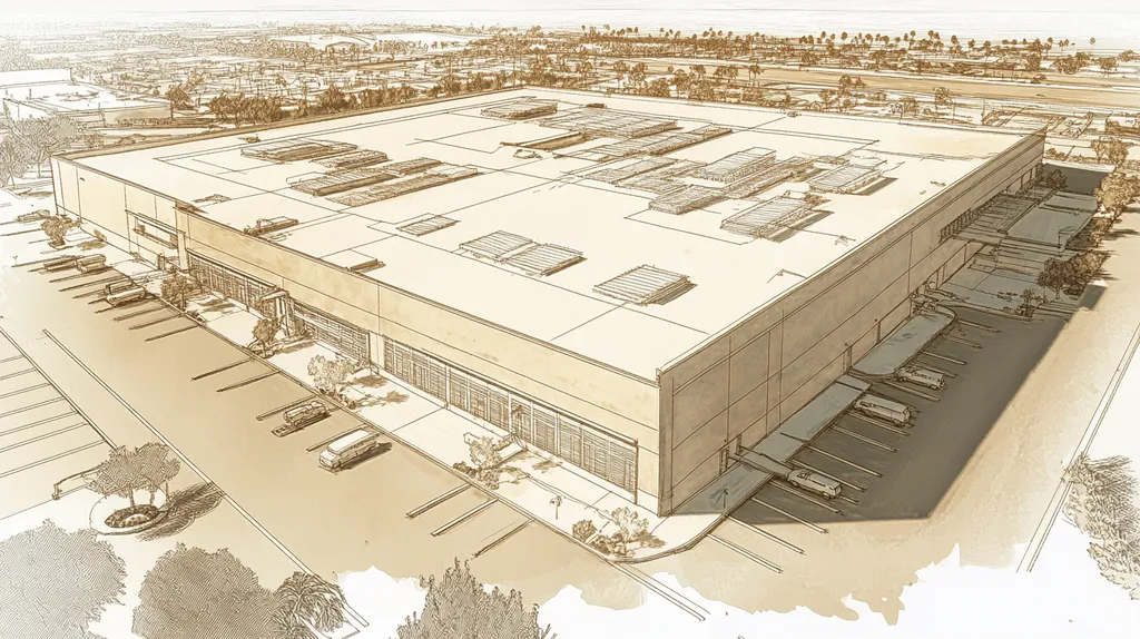 A commercial roof on a distribution center in a location similar to Santa Monica with an architectural sketch rendering aesthetic (AI image)
