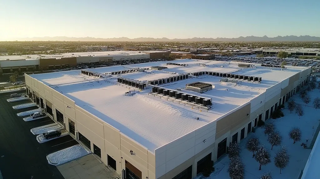 A commercial roof on a distribution center in a location similar to Scottsdale with a snowy day aesthetic (AI image)