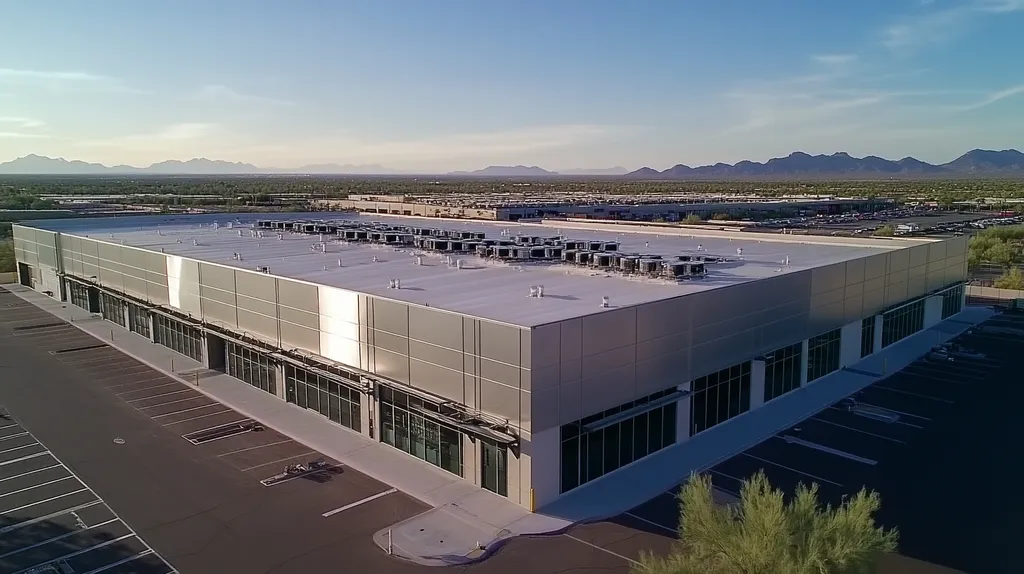 A commercial roof on a distribution center in a location similar to Scottsdale with a stainless steel aesthetic (AI image)