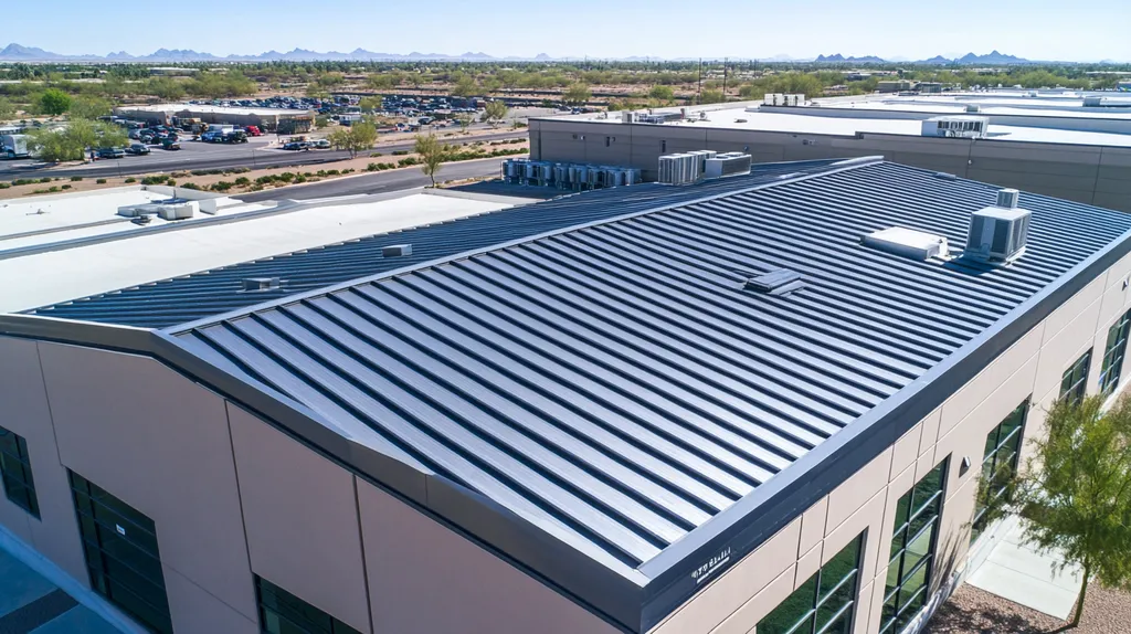 A commercial roof on a distribution center in a location similar to Scottsdale with a stainless steel aesthetic (AI image)