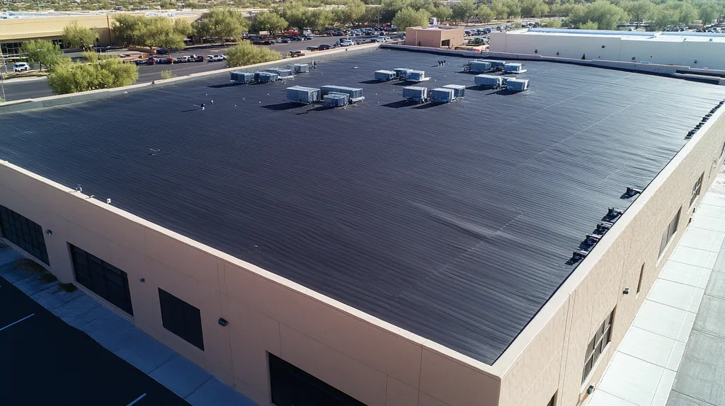 A commercial roof on a distribution center in a location similar to Scottsdale with a stainless steel aesthetic (AI image)