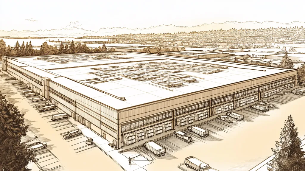 A commercial roof on a distribution center in a location similar to Seattle with an architectural sketch rendering aesthetic (AI image)