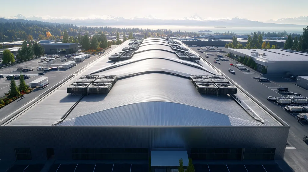 A commercial roof on a distribution center in a location similar to Seattle with a futuristic aesthetic (AI image)