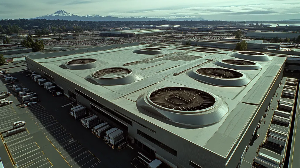 A commercial roof on a distribution center in a location similar to Seattle with a futuristic aesthetic (AI image)