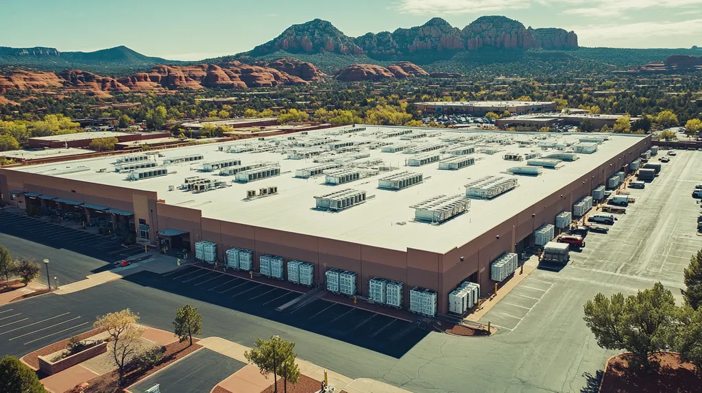 A commercial roof on a distribution center in a location similar to Sedona with a Polaroid aesthetic (AI image)