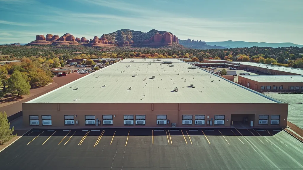 A commercial roof on a distribution center in a location similar to Sedona with a Polaroid aesthetic (AI image)