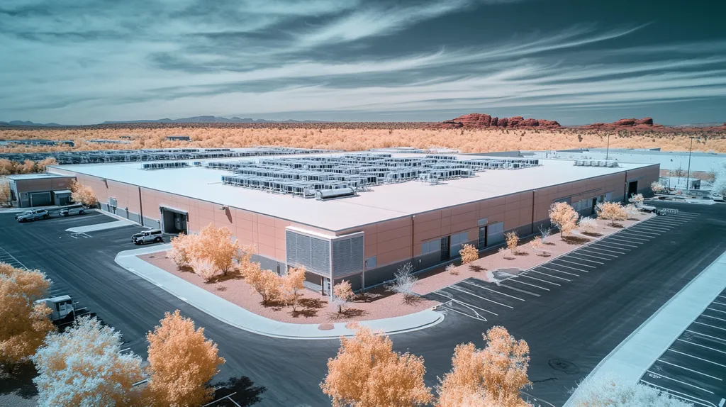 A commercial roof on a distribution center in a location similar to Sedona with an infrared photography aesthetic (AI image)