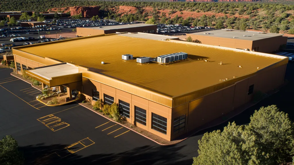 A commercial roof on a distribution center in a location similar to Sedona with a solid gold aesthetic (AI image)