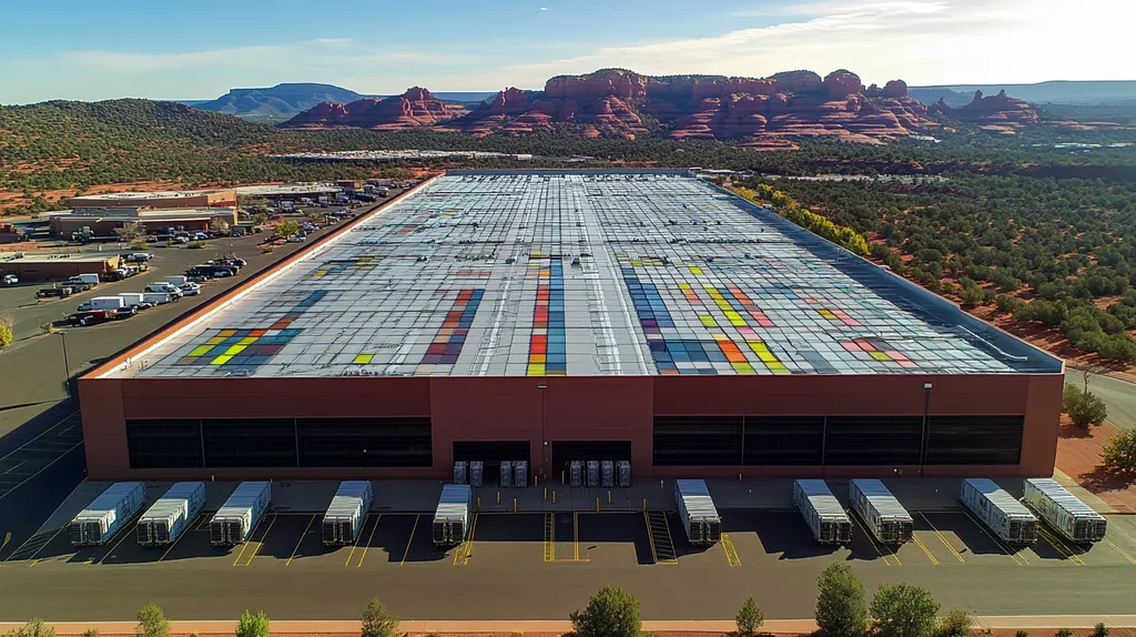 A commercial roof on a distribution center in a location similar to Sedona with a stained glass style aesthetic (AI image)