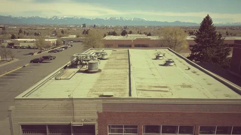 A commercial roof on a factory in a location similar to Denver with a Polaroid aesthetic (AI image)