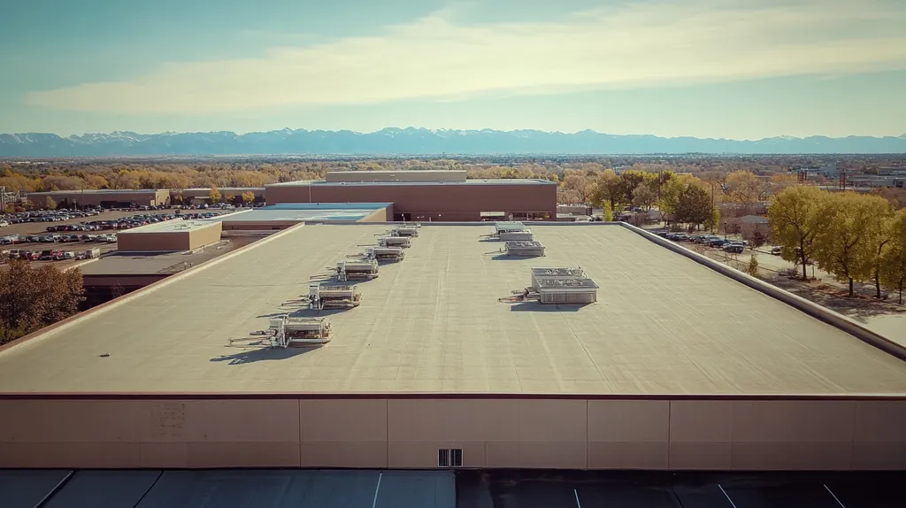 A commercial roof on a factory in a location similar to Denver with a Polaroid aesthetic (AI image)