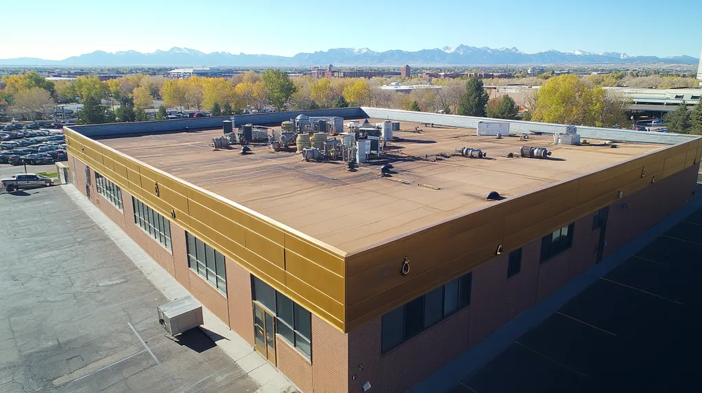 A commercial roof on a factory in a location similar to Denver with a solid gold aesthetic (AI image)