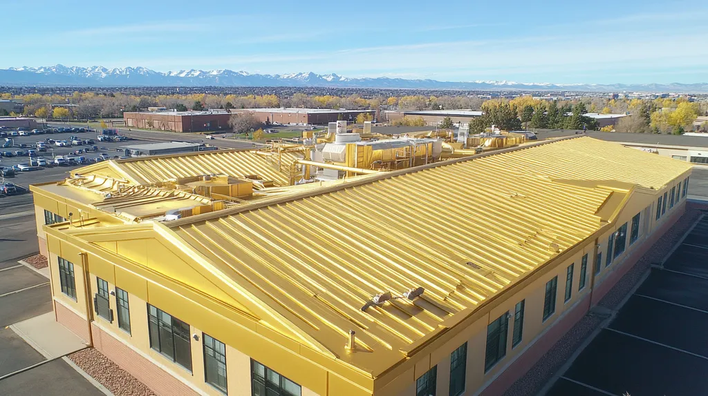 A commercial roof on a factory in a location similar to Denver with a solid gold aesthetic (AI image)