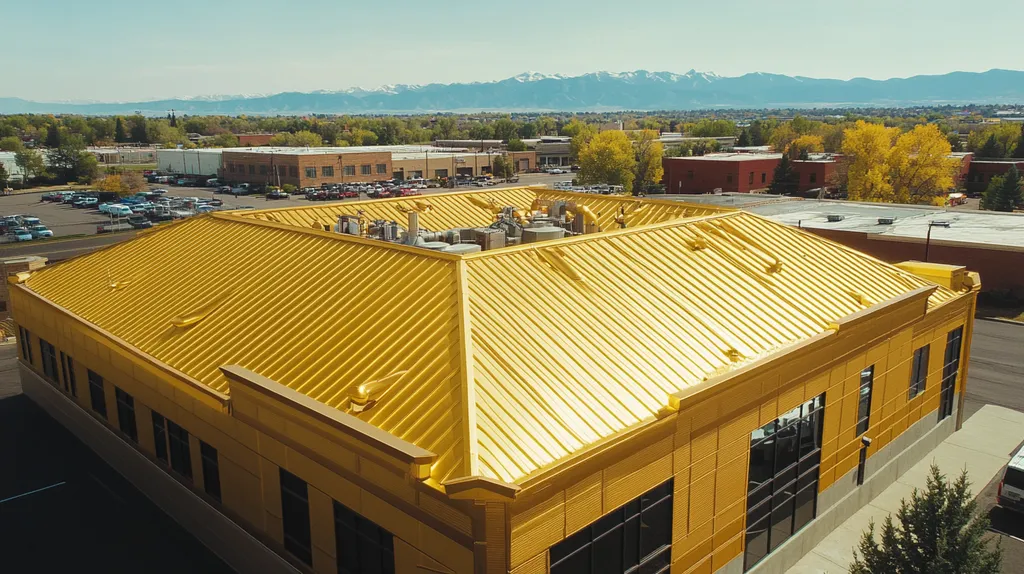 A commercial roof on a factory in a location similar to Denver with a solid gold aesthetic (AI image)