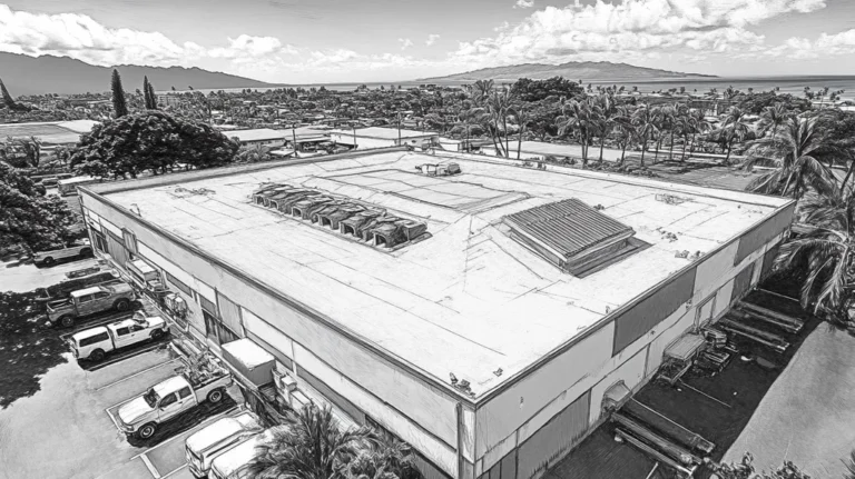 A commercial roof on a factory in a location similar to Honolulu with a charcoal sketch aesthetic (AI image)