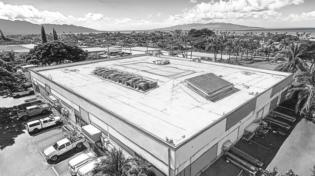 A commercial roof on a factory in a location similar to Honolulu with a charcoal sketch aesthetic (AI image)