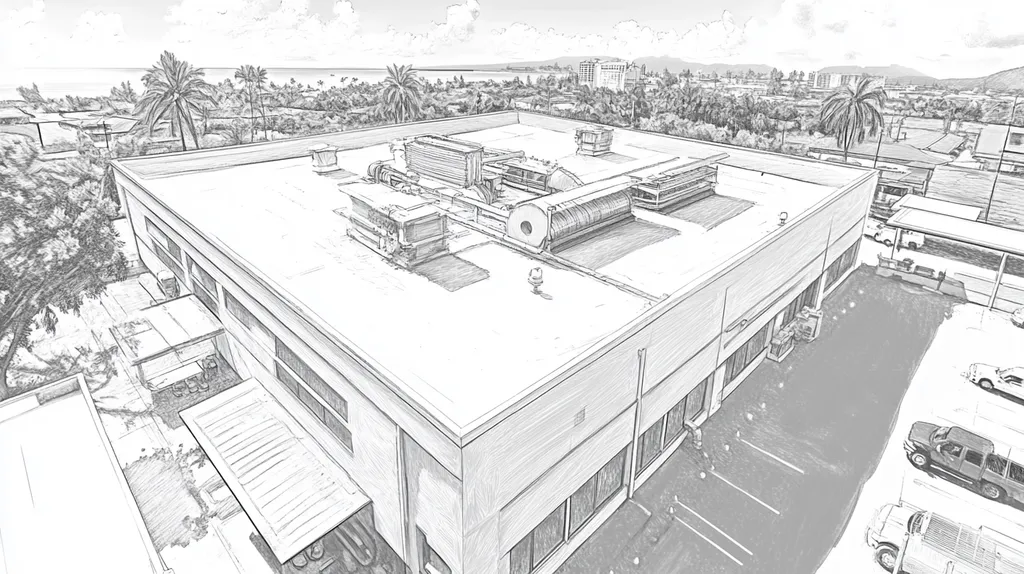 A commercial roof on a factory in a location similar to Honolulu with a charcoal sketch aesthetic (AI image)