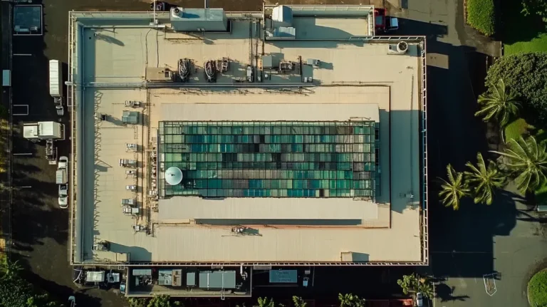 A commercial roof on a factory in a location similar to Honolulu with a stained glass style aesthetic (AI image)