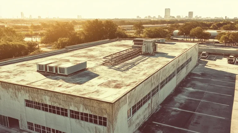 A commercial roof on a factory in a location similar to Houston with an architectural sketch rendering aesthetic (AI image)
