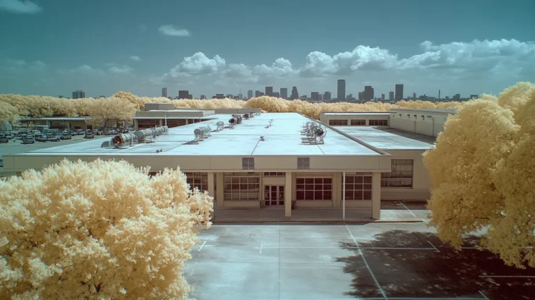 A commercial roof on a factory in a location similar to Houston with an infrared photography aesthetic (AI image)