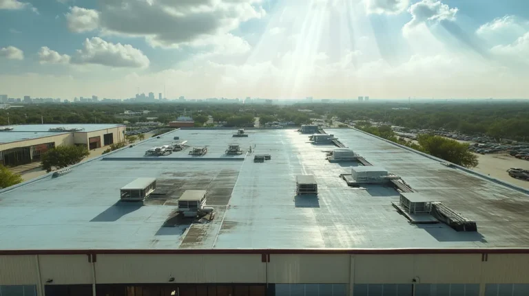 A commercial roof on a factory in a location similar to Houston with a light beams aesthetic (AI image)
