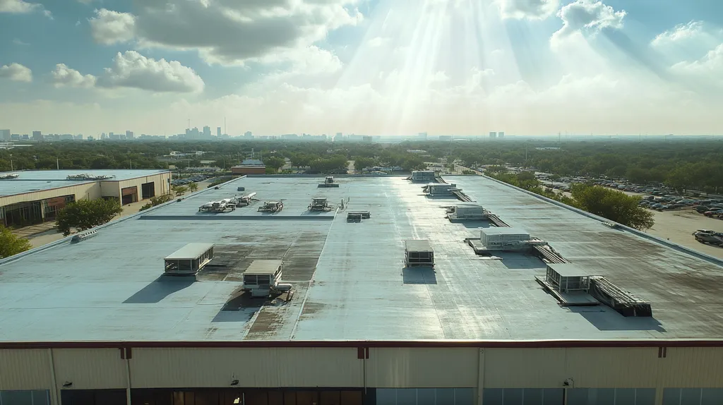 A commercial roof on a factory in a location similar to Houston with a light beams aesthetic (AI image)