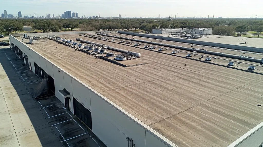 A commercial roof on a factory in a location similar to Houston with a light beams aesthetic (AI image)