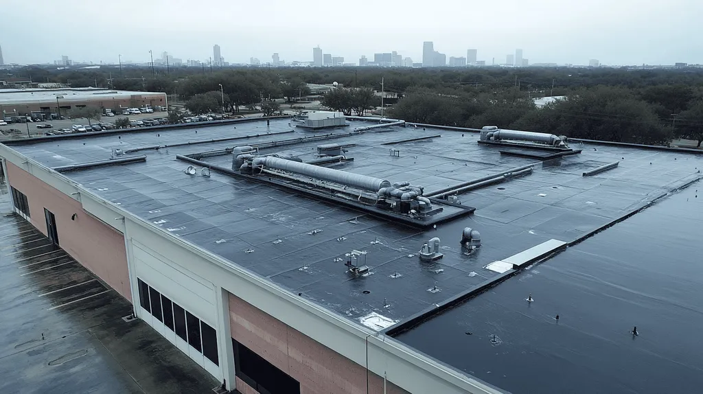A commercial roof on a factory in a location similar to Houston with a rainy day aesthetic (AI image)