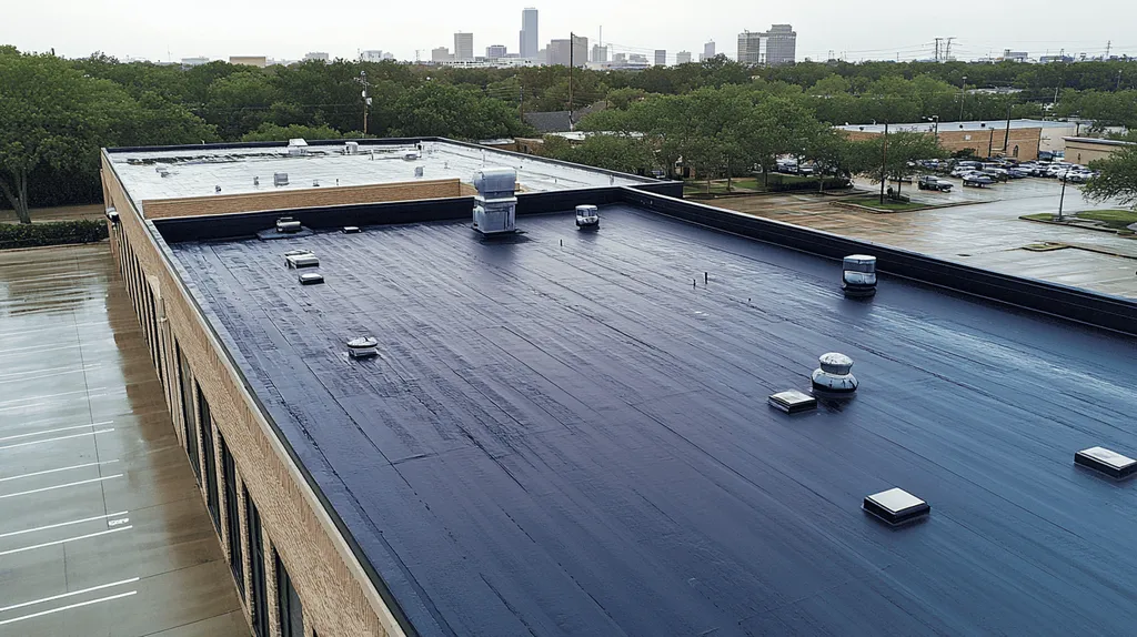 A commercial roof on a factory in a location similar to Houston with a rainy day aesthetic (AI image)