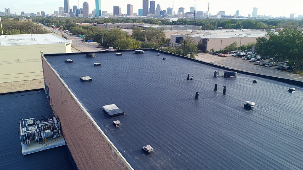 A commercial roof on a factory in a location similar to Houston with an urban context aesthetic (AI image)